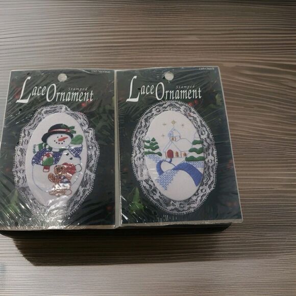 Lace Ornament Kits Stamped VTG 1990s Designs for the Needle Church Snowman NOS - Picture 1 of 16